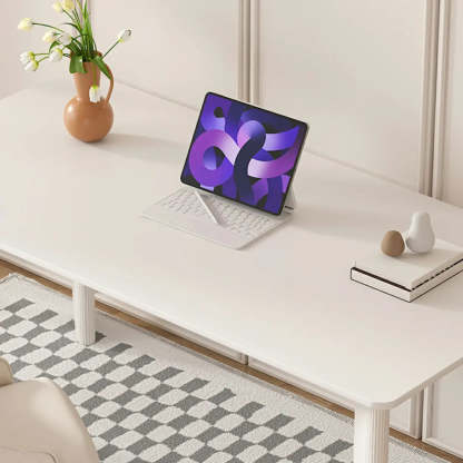 Minimalist White Stone Rectangular Computer Desk — White-Gold / Without Chairs