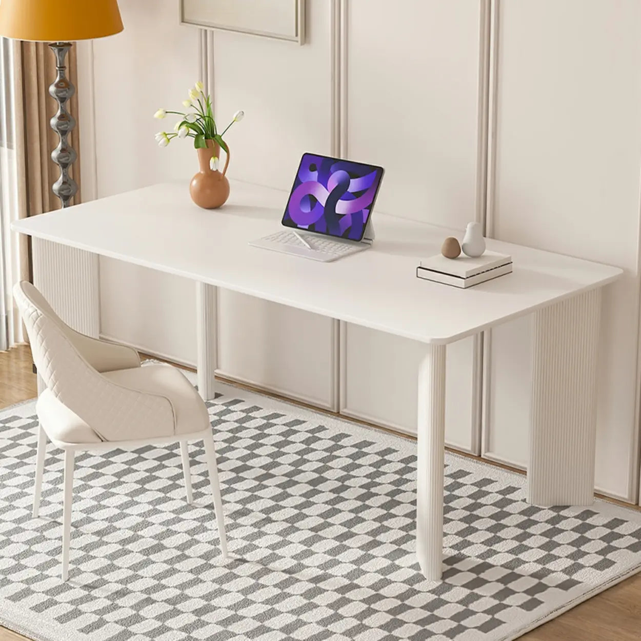 Minimalist White Stone Rectangular Computer Desk — White-Gold / Without Chairs