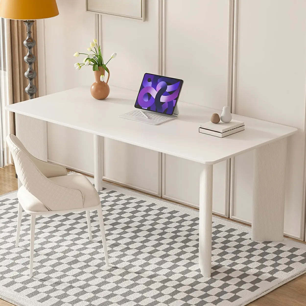 Minimalist White Stone Rectangular Computer Desk — White-Gold / Without Chairs