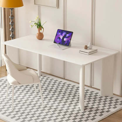 Minimalist White Stone Rectangular Computer Desk — White-Gold / Without Chairs