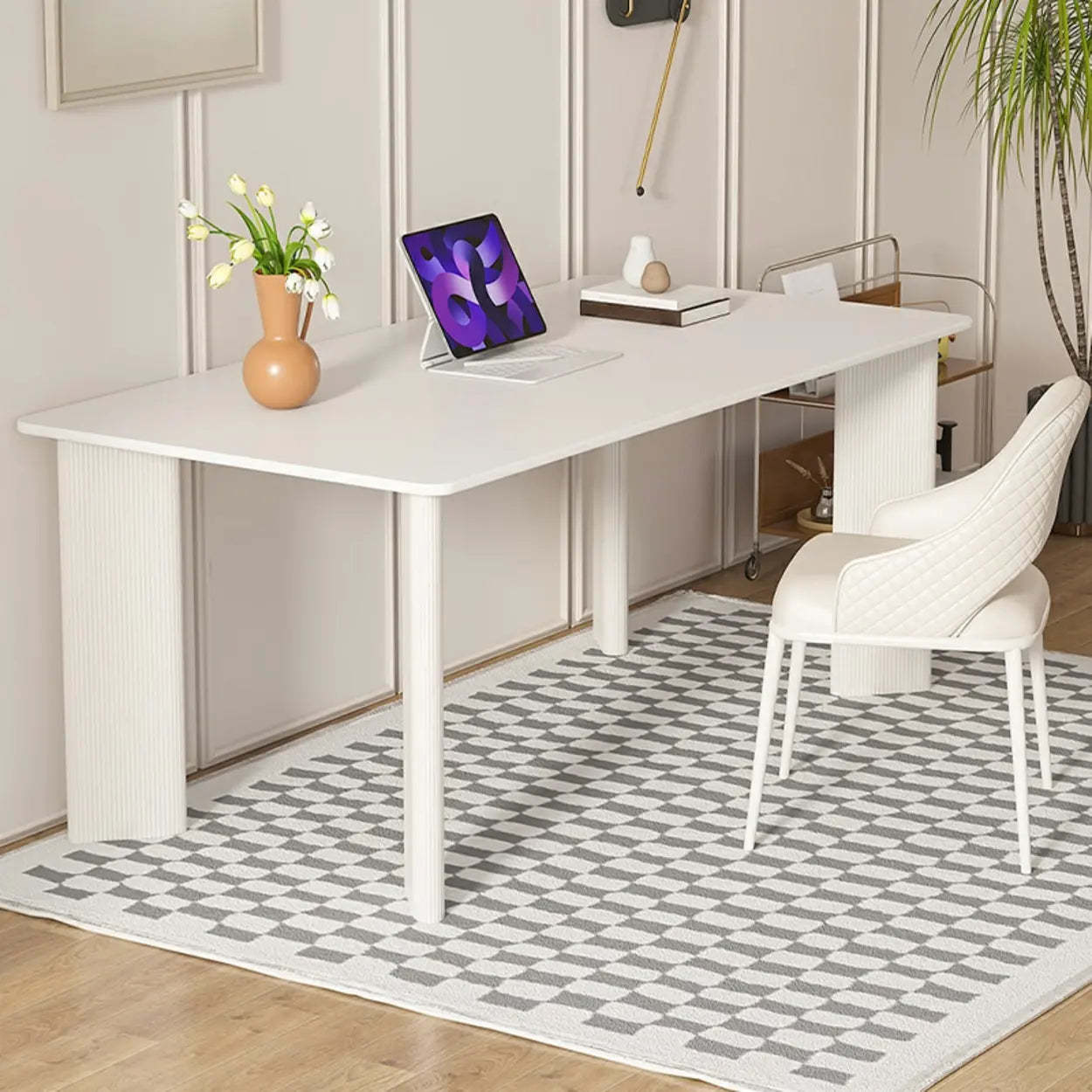 Minimalist White Stone Rectangular Computer Desk — White-White / Without Chairs
