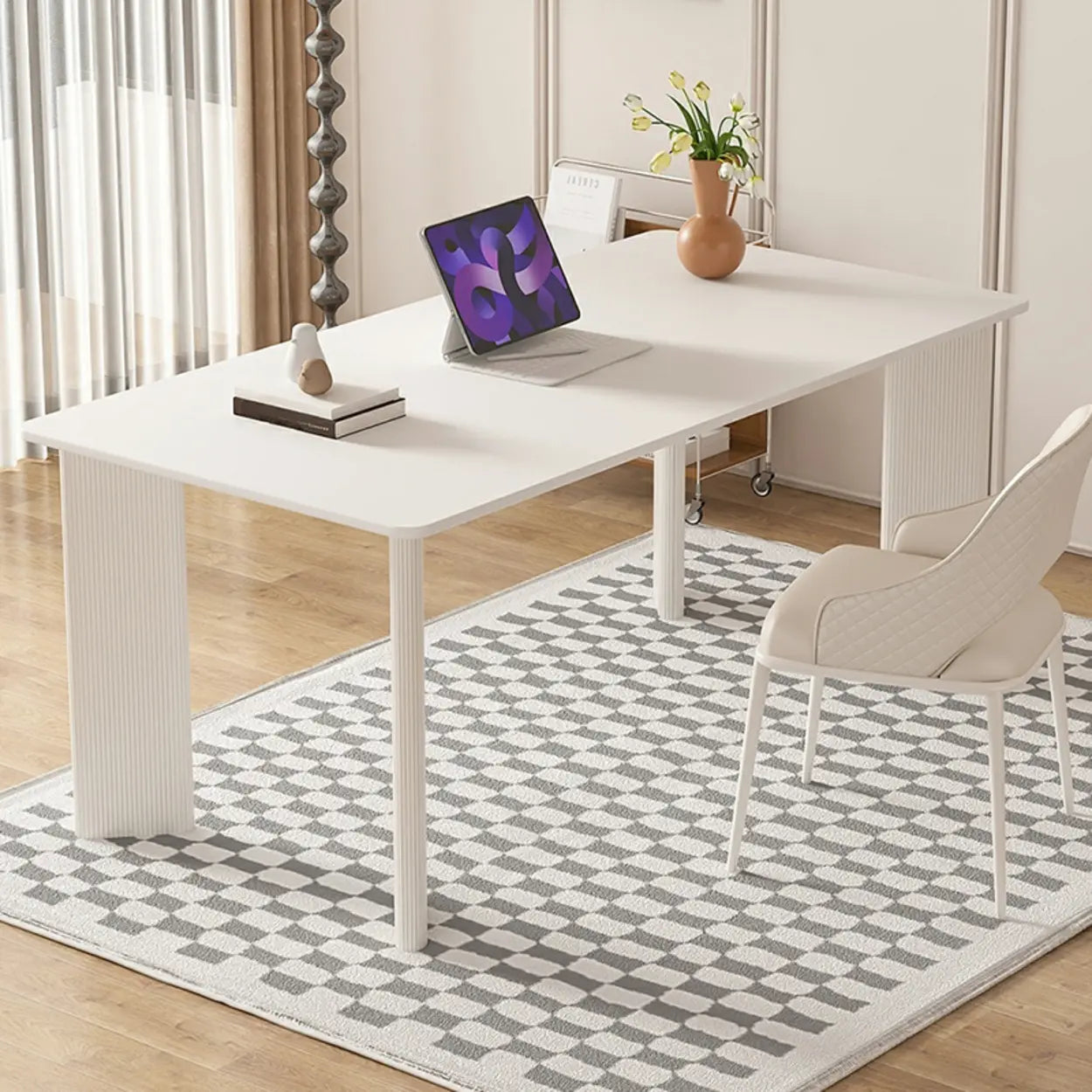 Minimalist White Stone Rectangular Computer Desk — White-White / Without Chairs