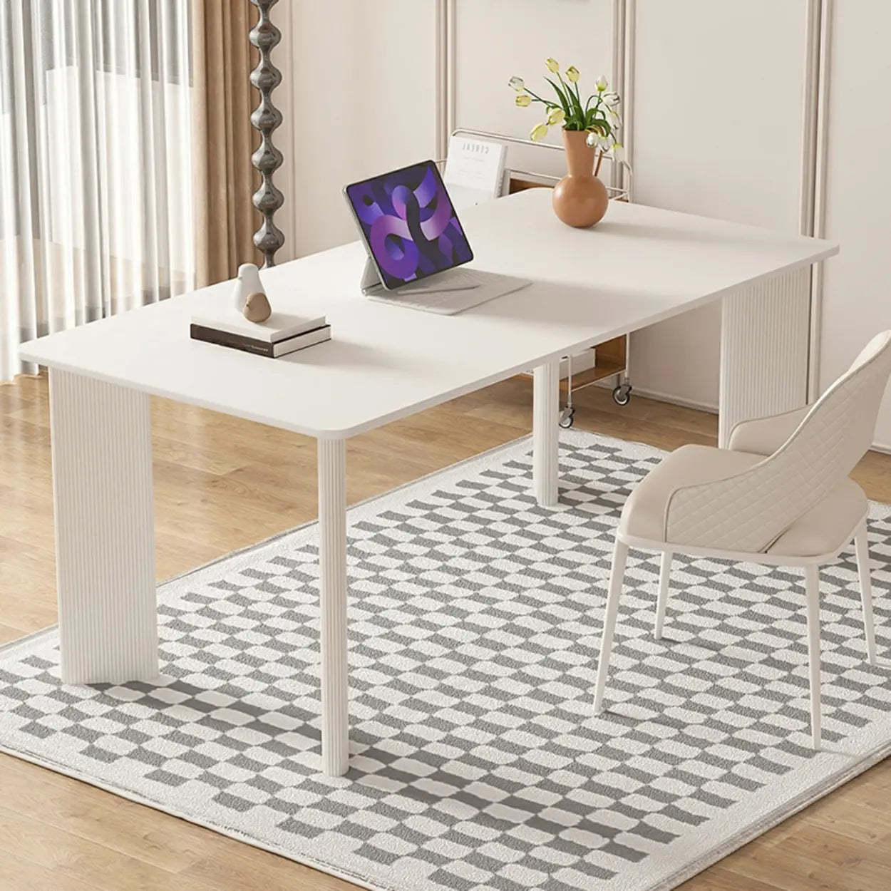 Minimalist White Stone Rectangular Computer Desk — White-White / Without Chairs
