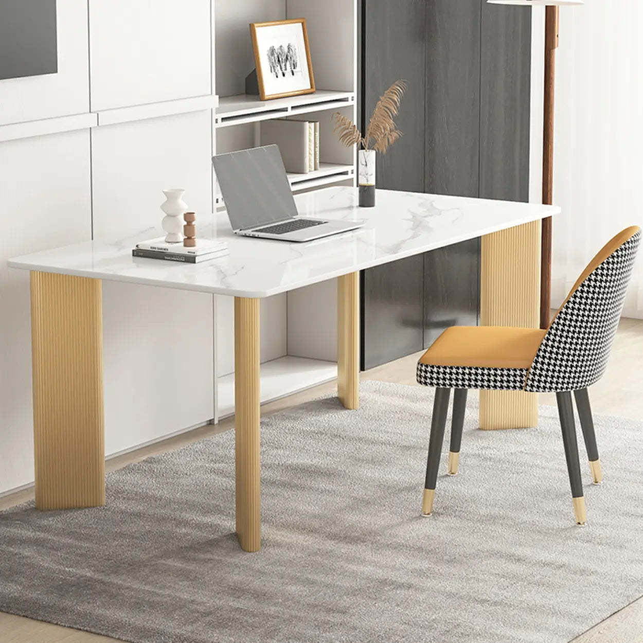 Minimalist White Stone Rectangular Computer Desk — White-White / Without Chairs