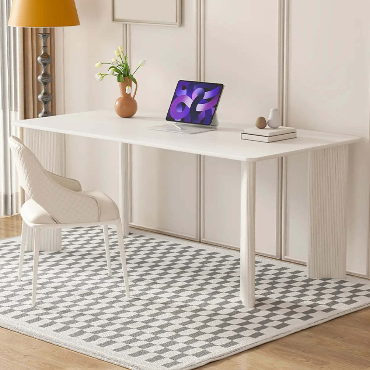 Minimalist White Stone Rectangular Computer Desk — Black-Black / Without Chairs