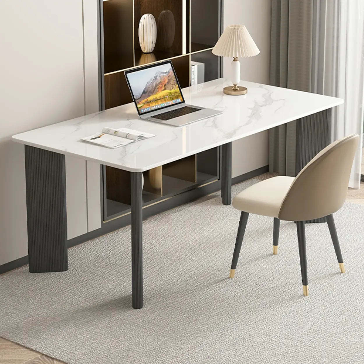 Minimalist White Stone Rectangular Computer Desk — Gray/ Black / Without Chairs