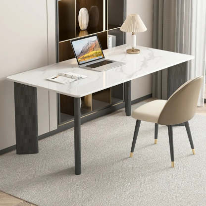 Minimalist White Stone Rectangular Computer Desk — Gray/ Black / Without Chairs