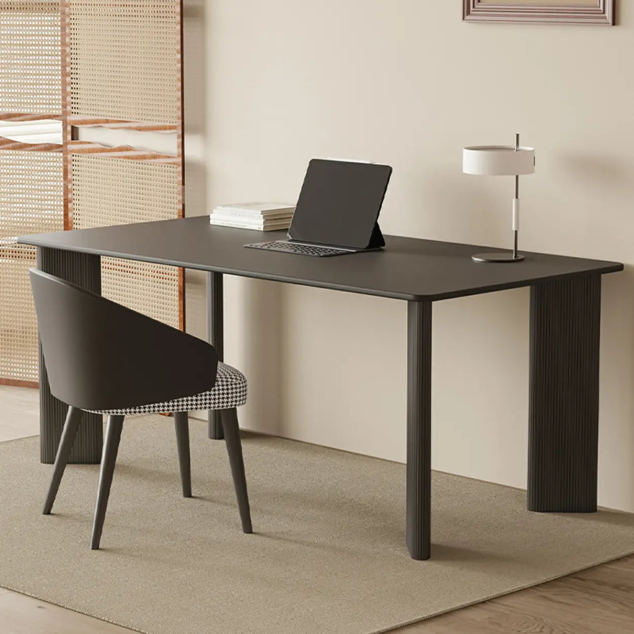 Minimalist White Stone Rectangular Computer Desk — Gray/ Black / Without Chairs