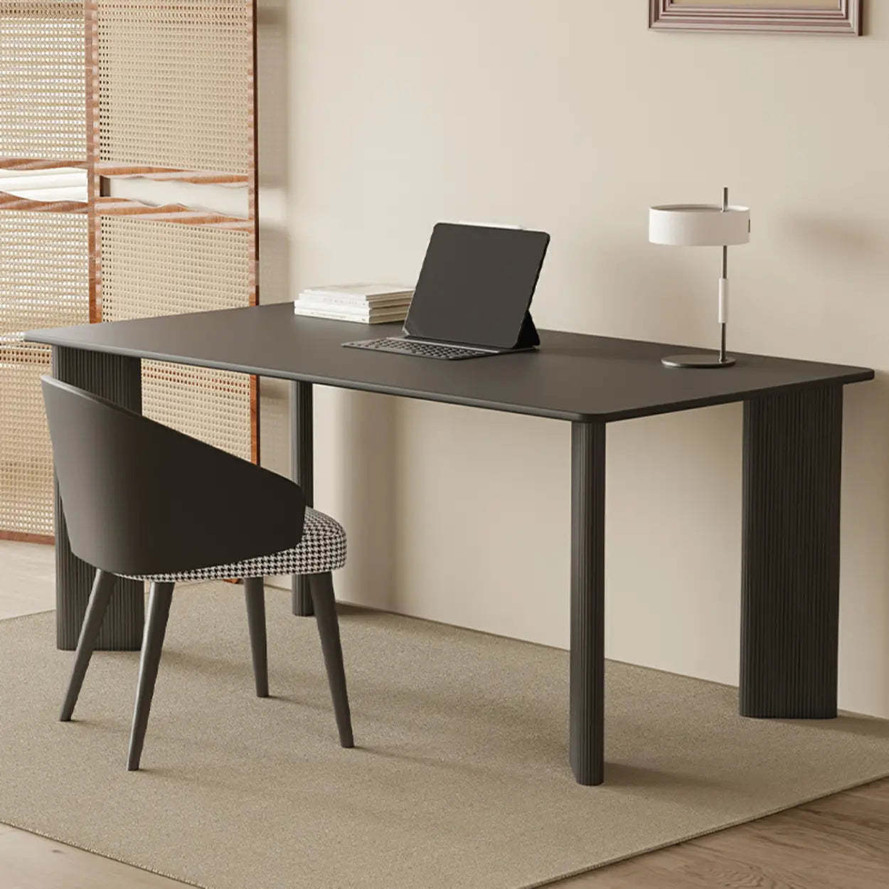 Minimalist White Stone Rectangular Computer Desk — Gray/ Black / Without Chairs