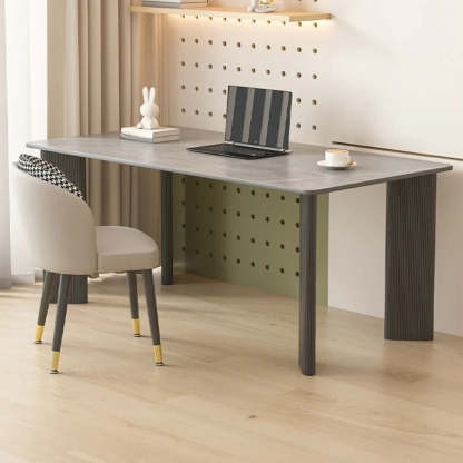 Minimalist White Stone Rectangular Computer Desk — White-Black / Without Chairs
