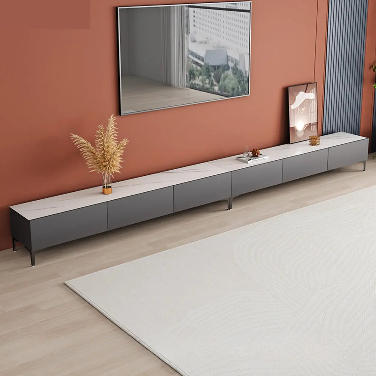 White Wood Rectangular TV Stand — Grey/White