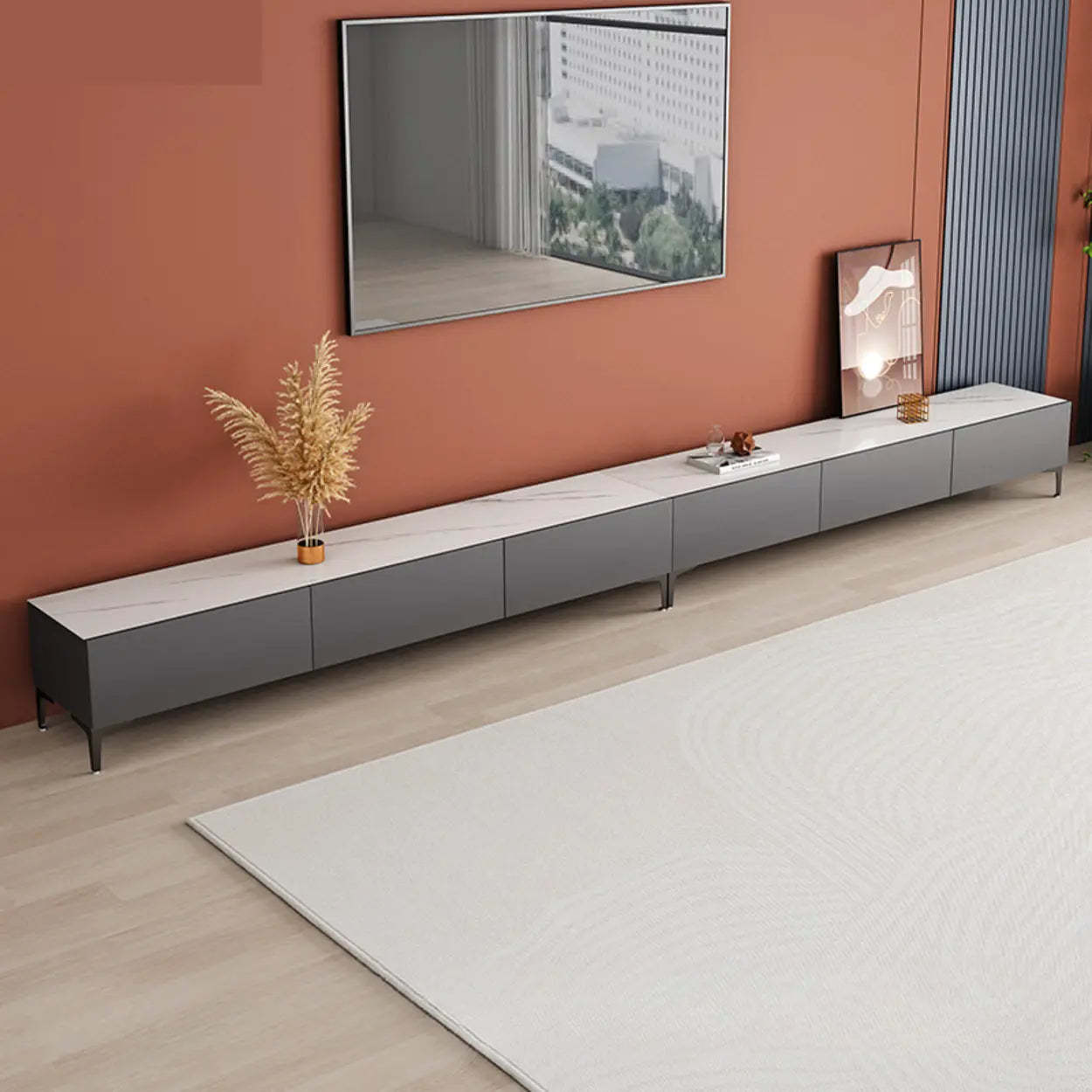 White Wood Rectangular TV Stand — Grey/White
