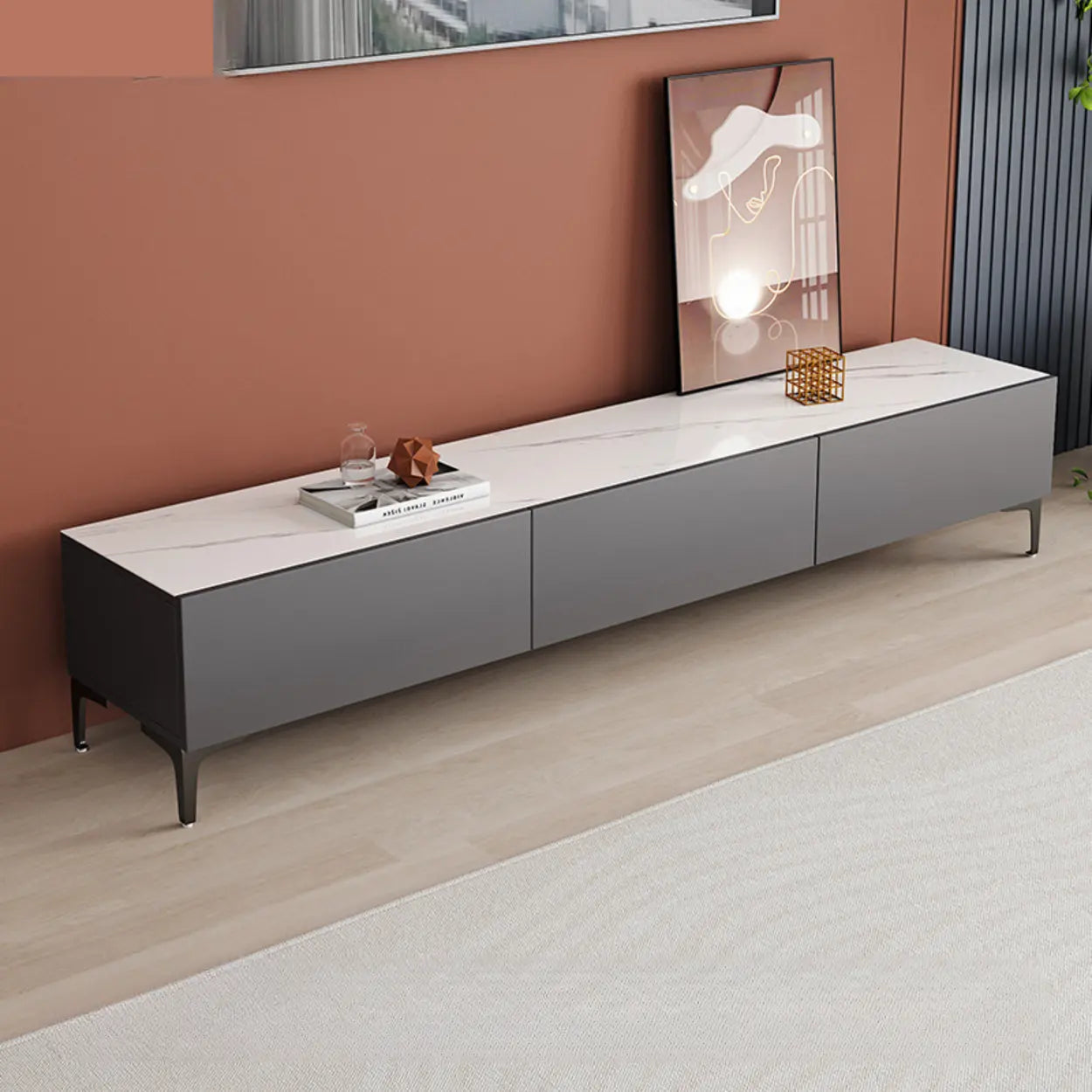 White Wood Rectangular TV Stand — Grey/White
