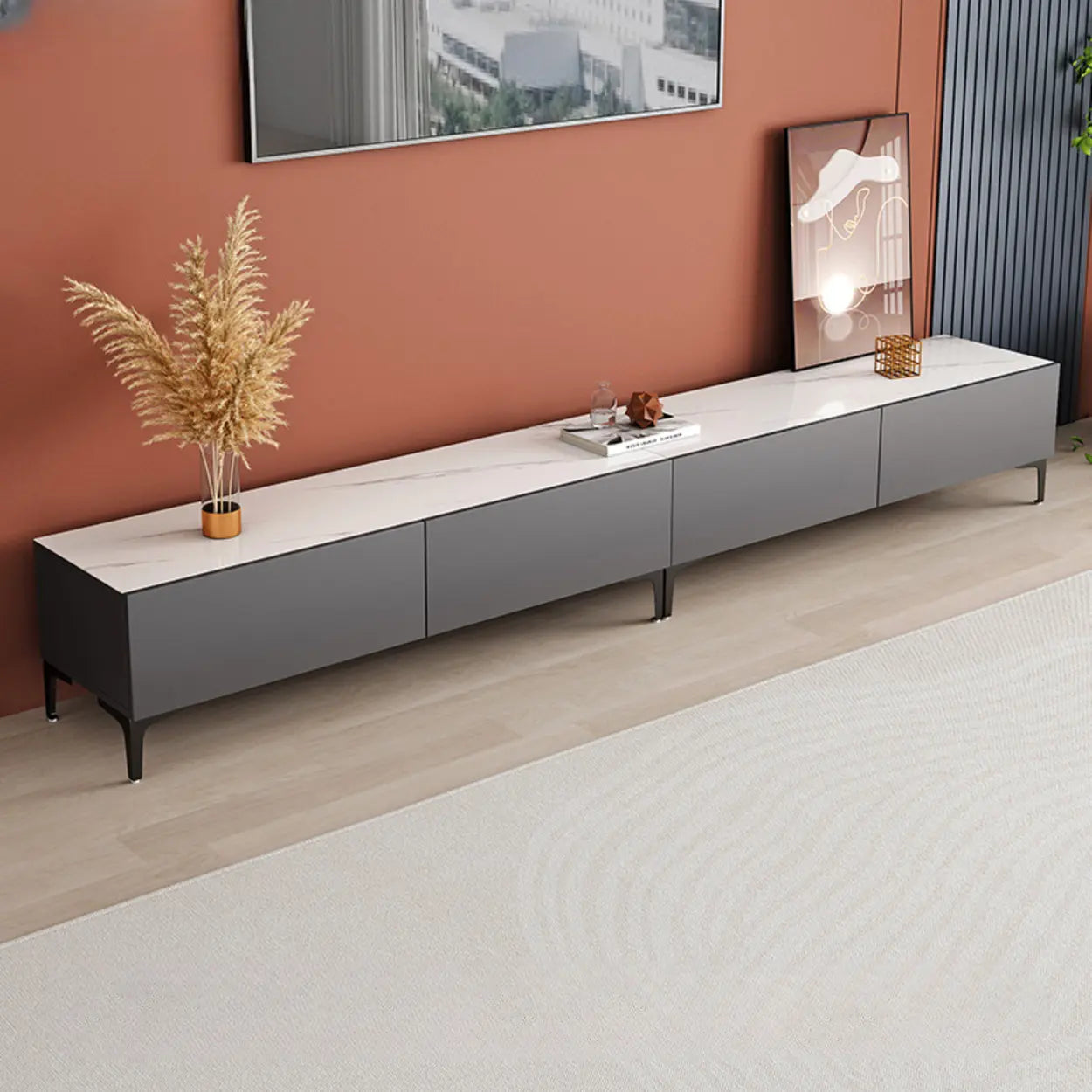 White Wood Rectangular TV Stand — Grey/Black
