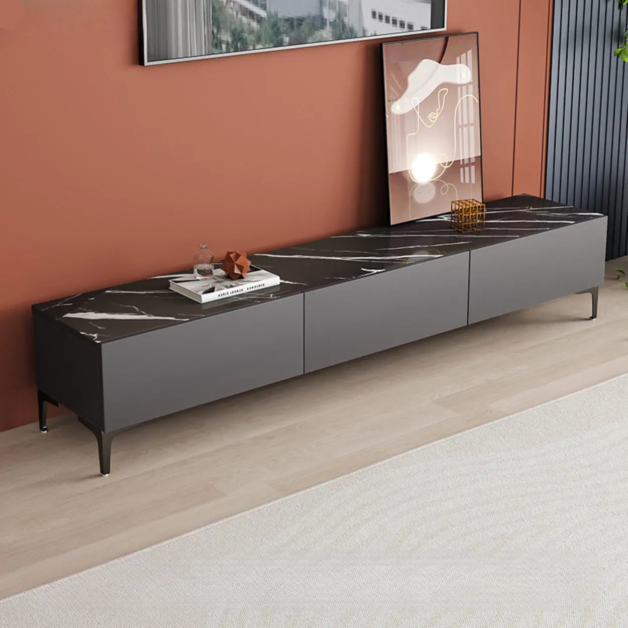 White Wood Rectangular TV Stand — Grey/Black
