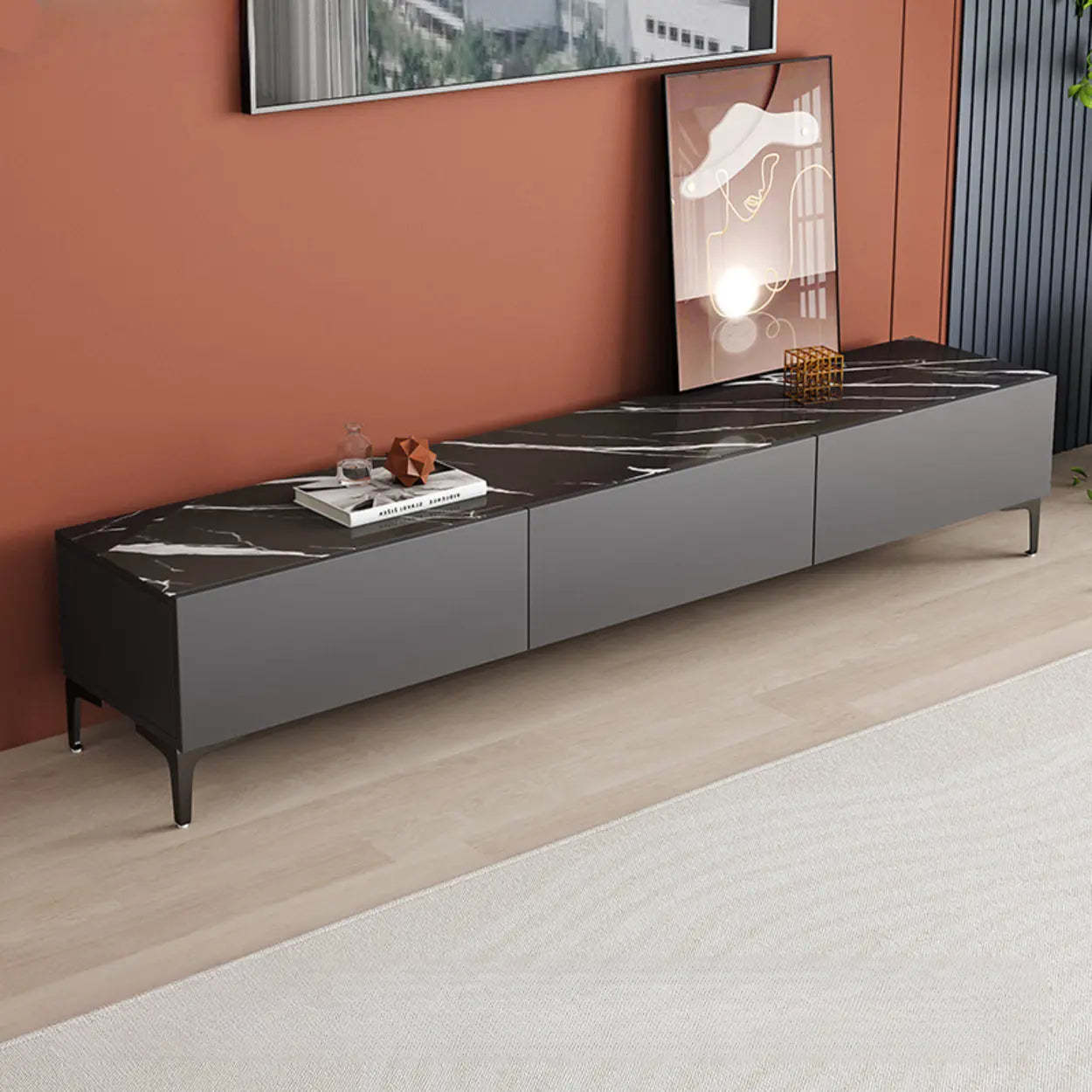 White Wood Rectangular TV Stand — Grey/Black