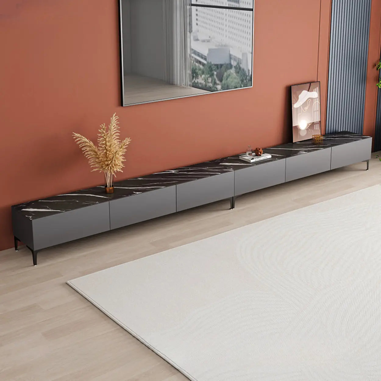 White Wood Rectangular TV Stand — Grey/Black