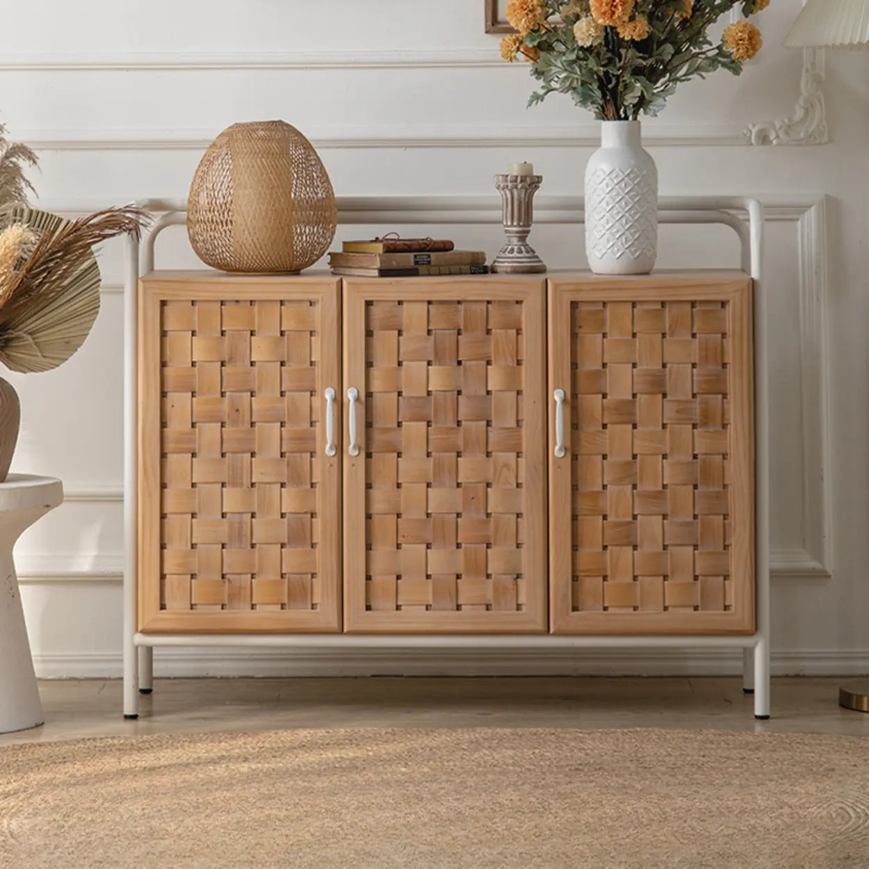 Minimalist Woven Wood Natural Buffet with Shelves