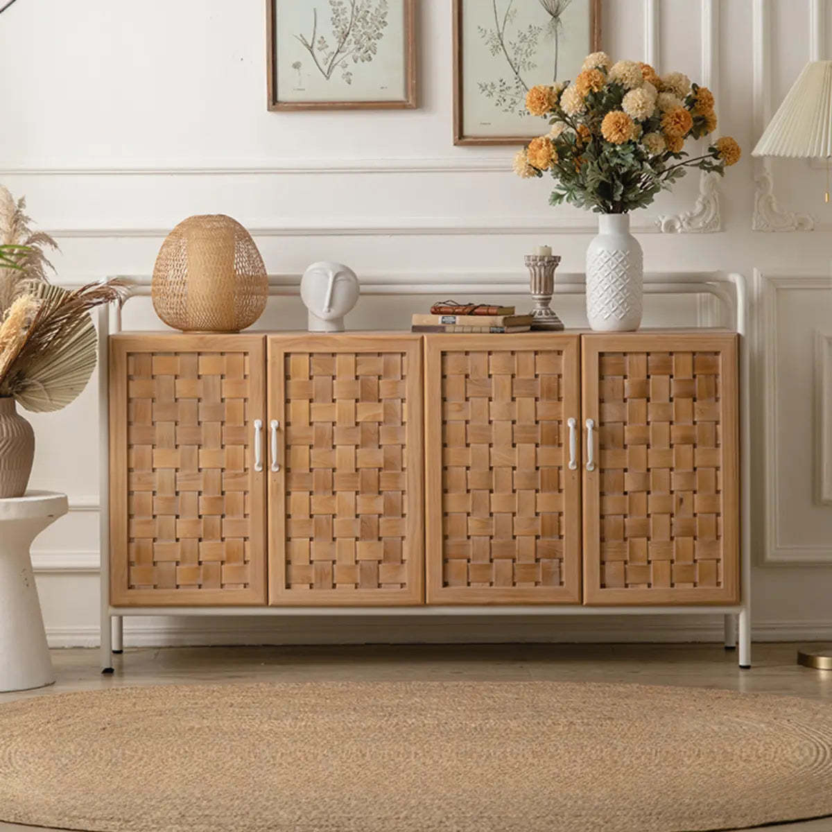 Minimalist Woven Wood Natural Buffet with Shelves