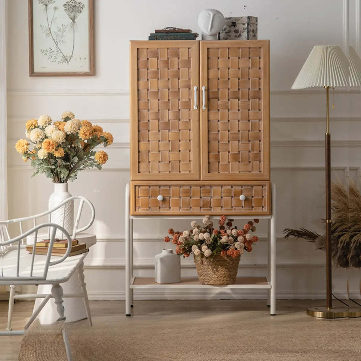 Minimalist Woven Wood Natural Buffet with Shelves
