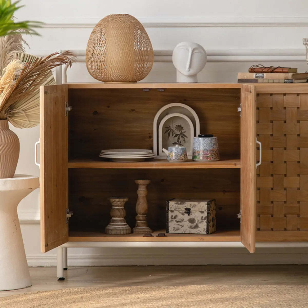 Minimalist Woven Wood Natural Buffet with Shelves