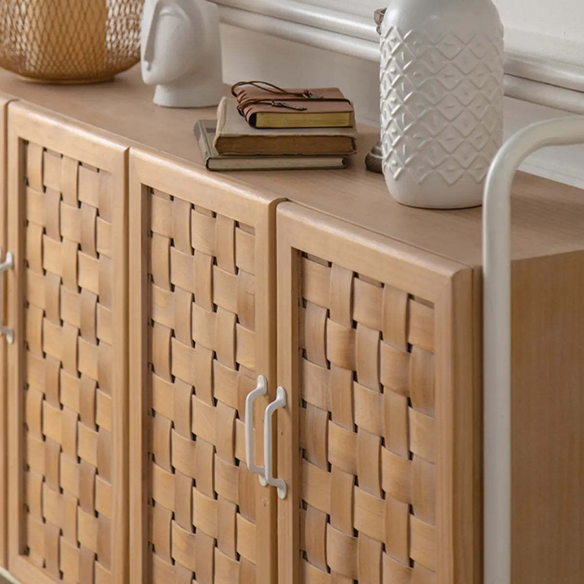 Minimalist Woven Wood Natural Buffet with Shelves