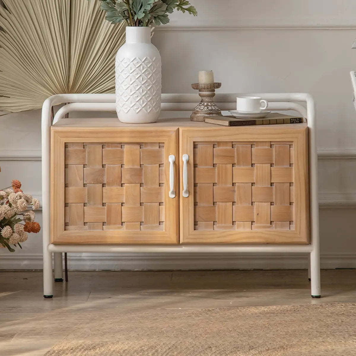 Minimalist Woven Wood Natural Buffet with Shelves