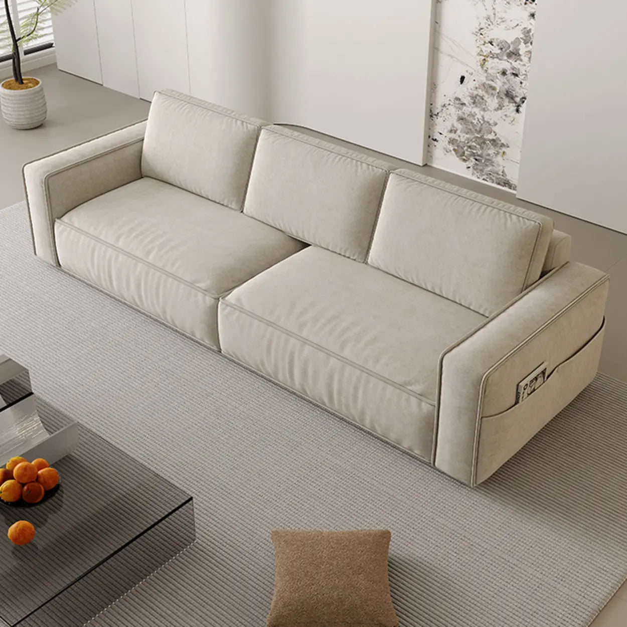 Minimalist Foldable Beige Sleeper Sofa with Storage