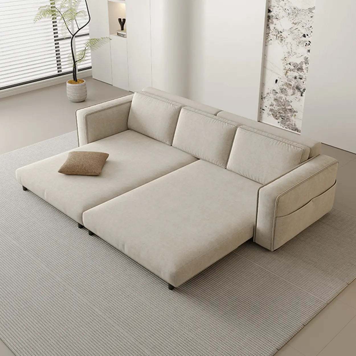 Minimalist Foldable Beige Sleeper Sofa with Storage