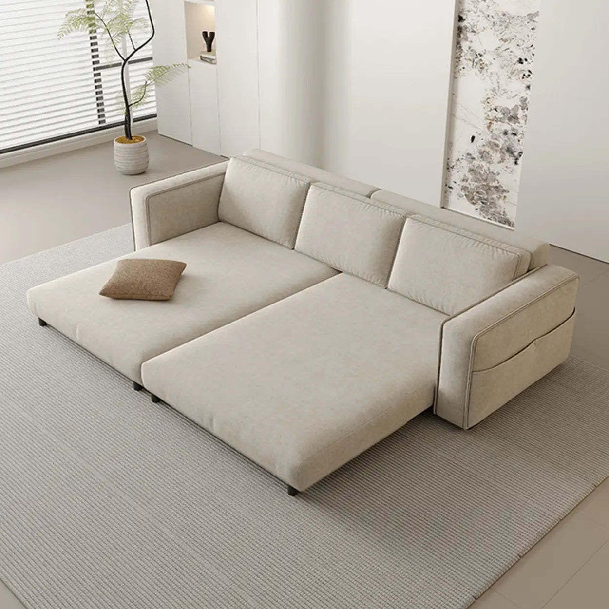 Minimalist Foldable Beige Sleeper Sofa with Storage