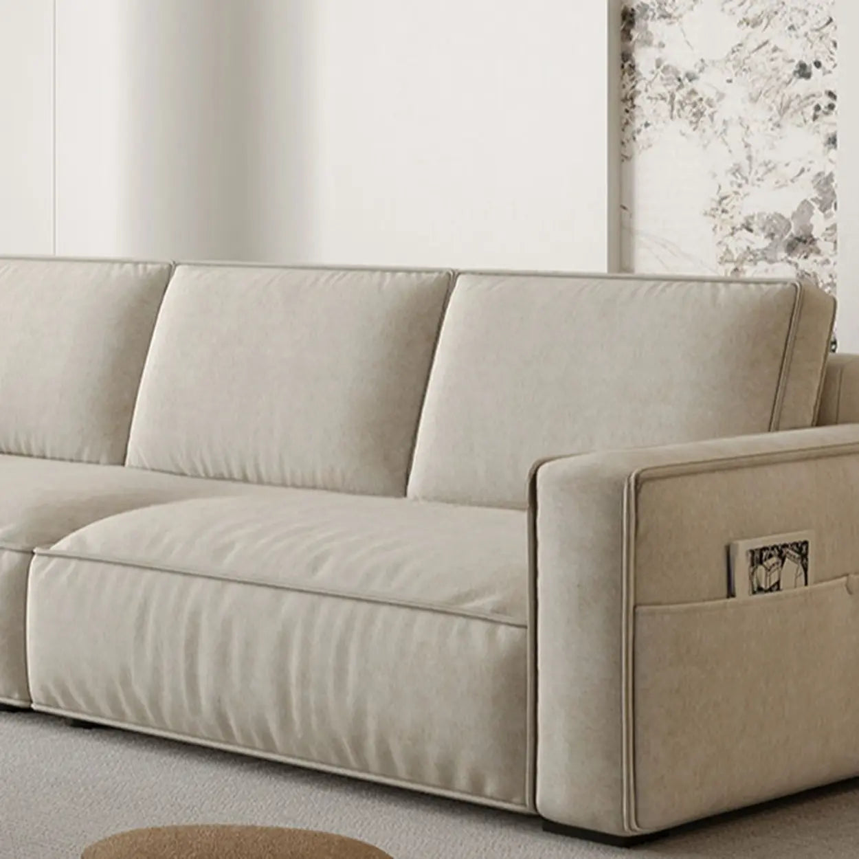 Minimalist Foldable Beige Sleeper Sofa with Storage