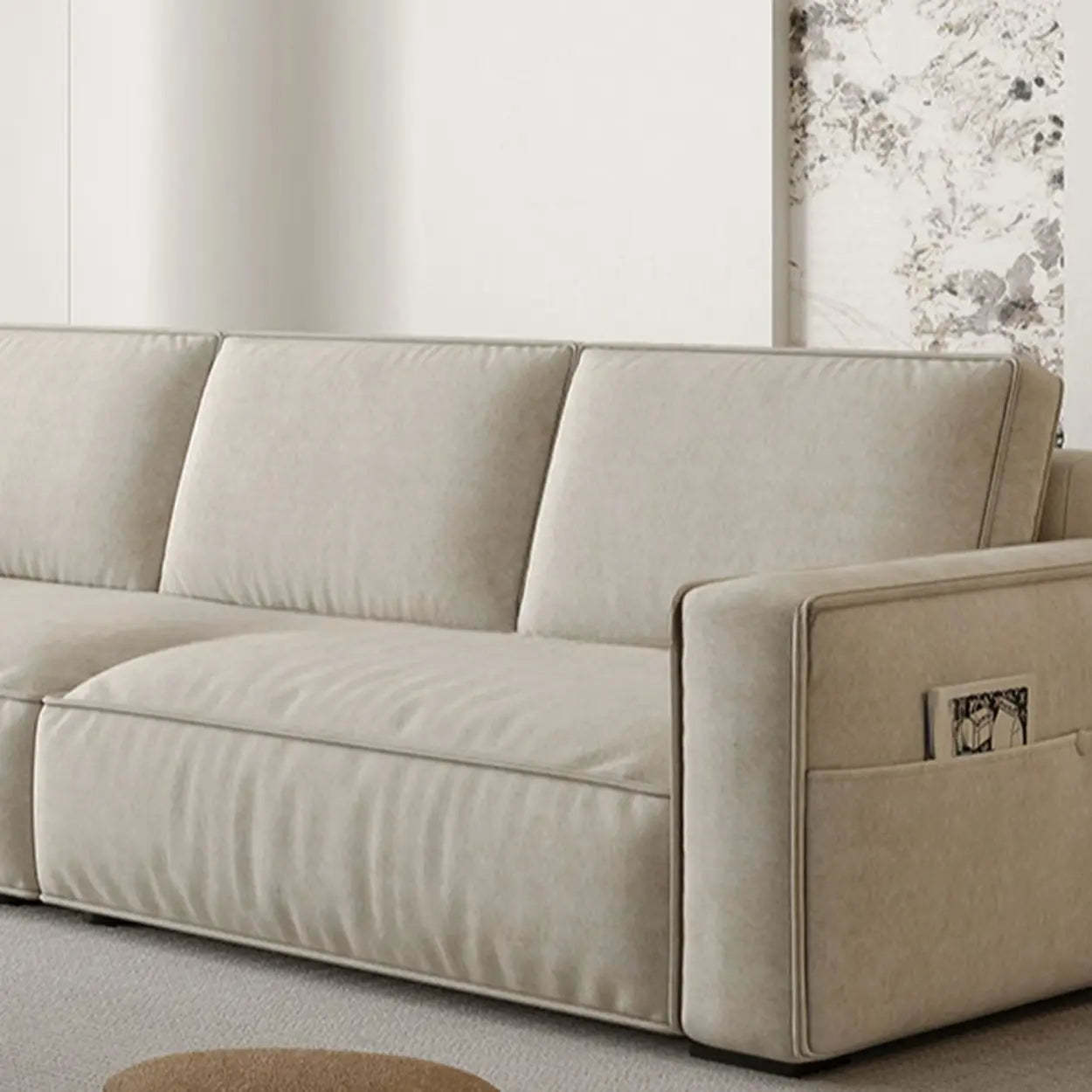 Minimalist Foldable Beige Sleeper Sofa with Storage
