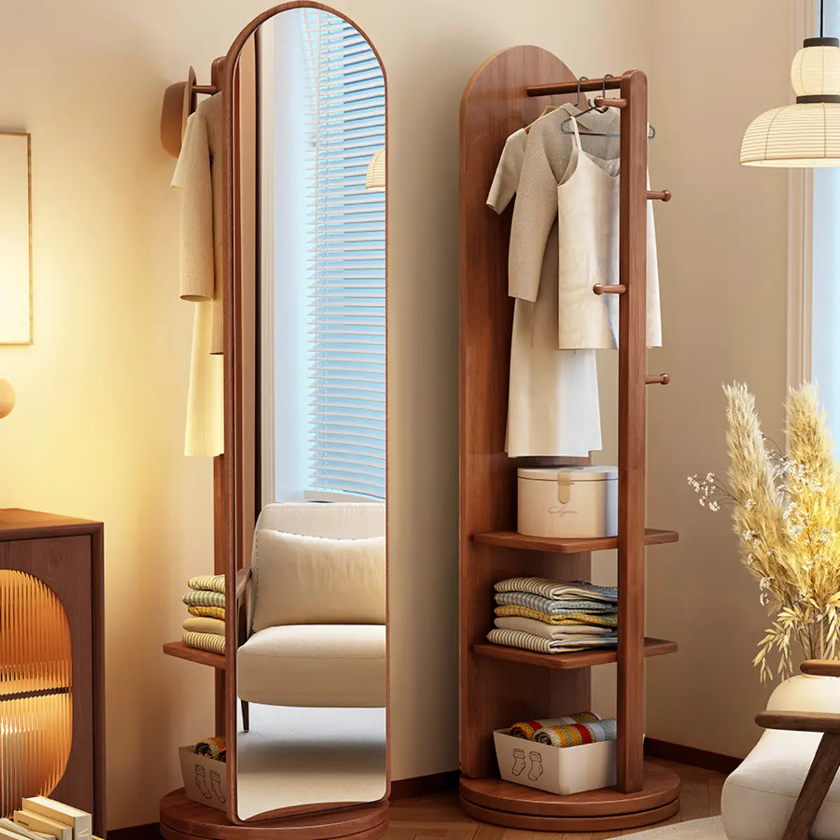 Mirror Brown Wood Coat Rack with Shelves and Hooks — Grey