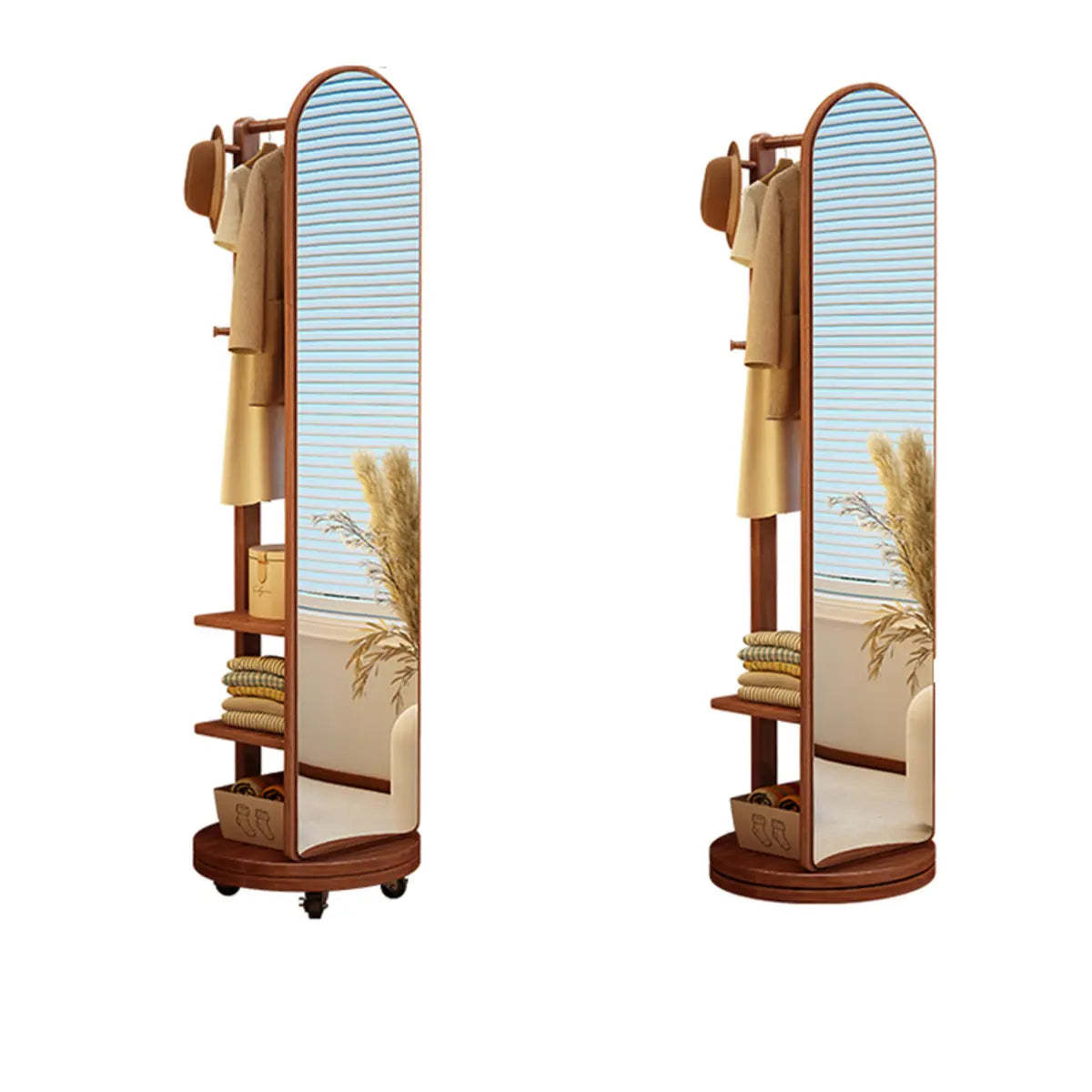 Mirror Brown Wood Coat Rack with Shelves and Hooks — Natural