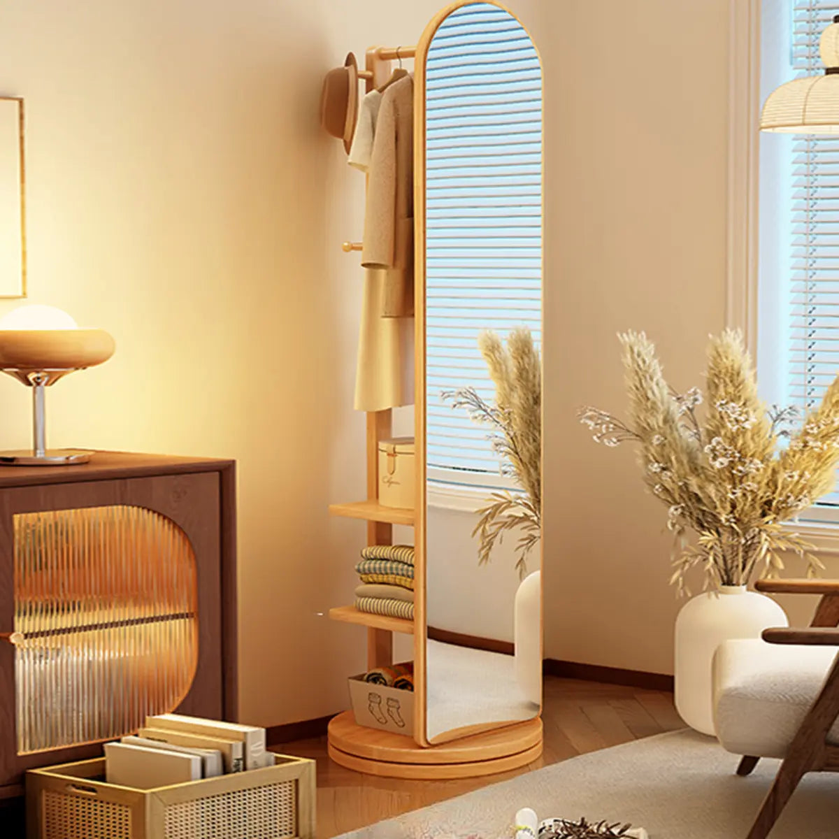 Mirror Brown Wood Coat Rack with Shelves and Hooks — Nut-Brown
