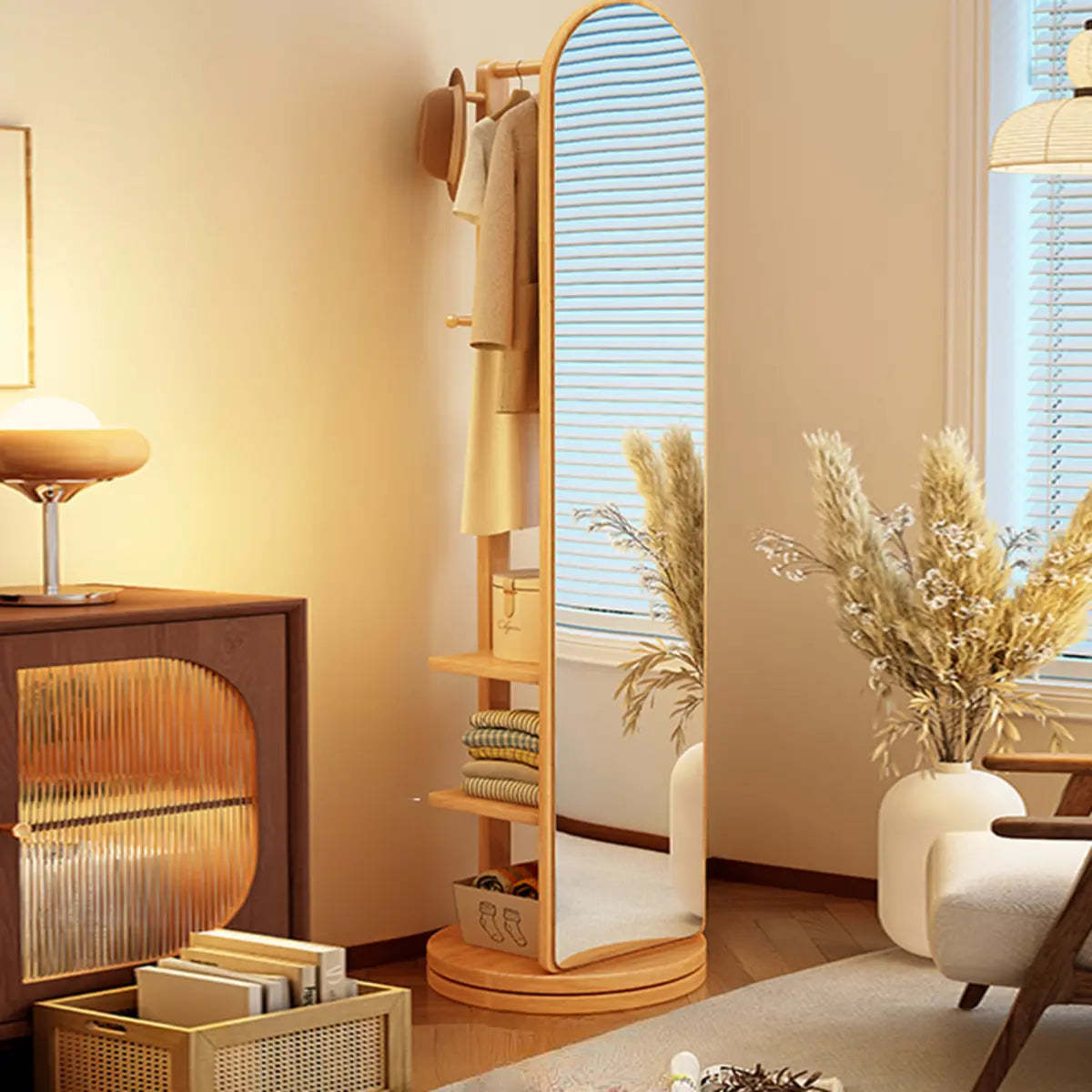 Mirror Brown Wood Coat Rack with Shelves and Hooks — Nut-Brown