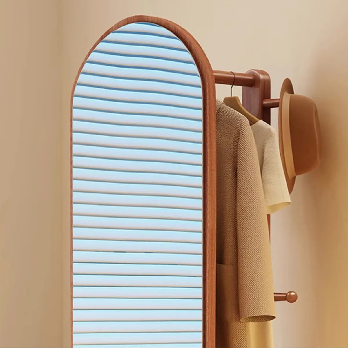 Mirror Brown Wood Coat Rack with Shelves and Hooks — White