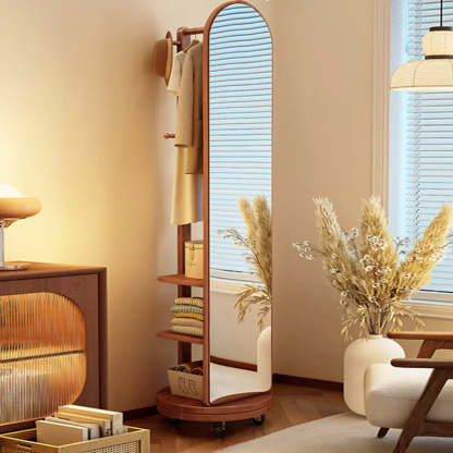 Mirror Brown Wood Coat Rack with Shelves and Hooks — Grey