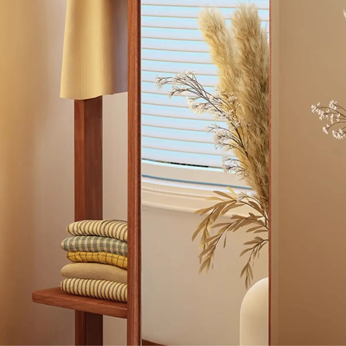 Mirror Brown Wood Coat Rack with Shelves and Hooks — Natural