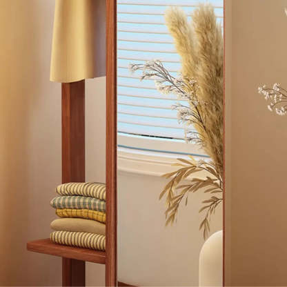 Mirror Brown Wood Coat Rack with Shelves and Hooks — Natural