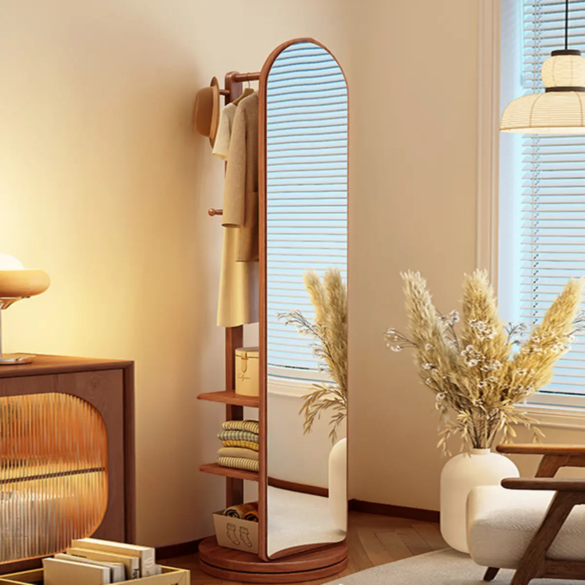 Mirror Brown Wood Coat Rack with Shelves and Hooks — Nut-Brown