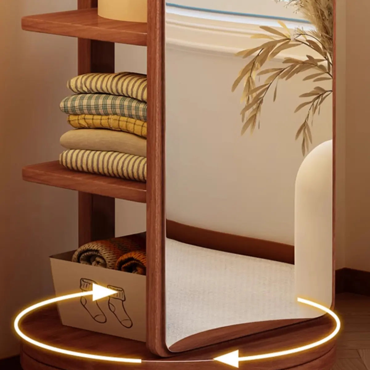 Mirror Brown Wood Coat Rack with Shelves and Hooks — White