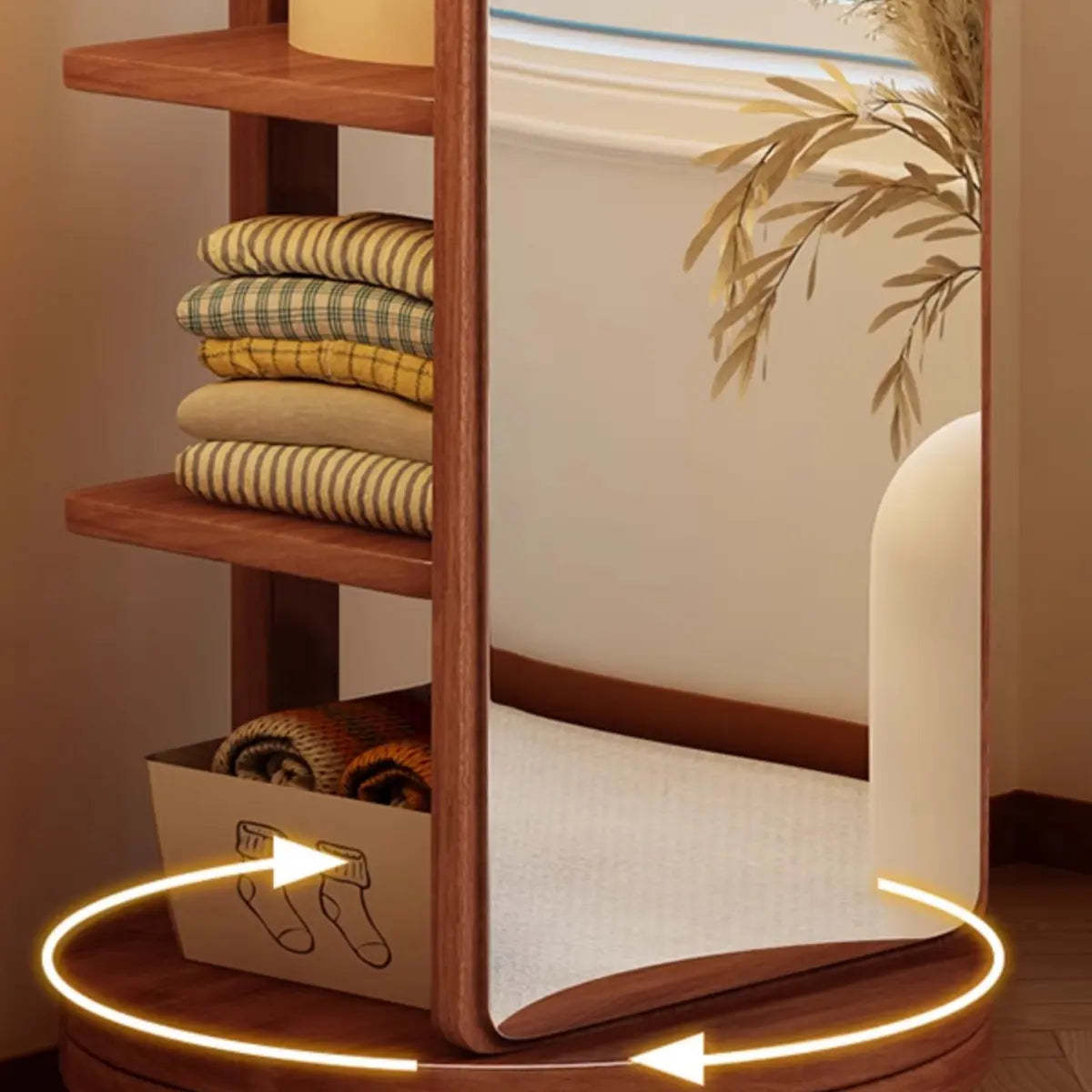 Mirror Brown Wood Coat Rack with Shelves and Hooks — White