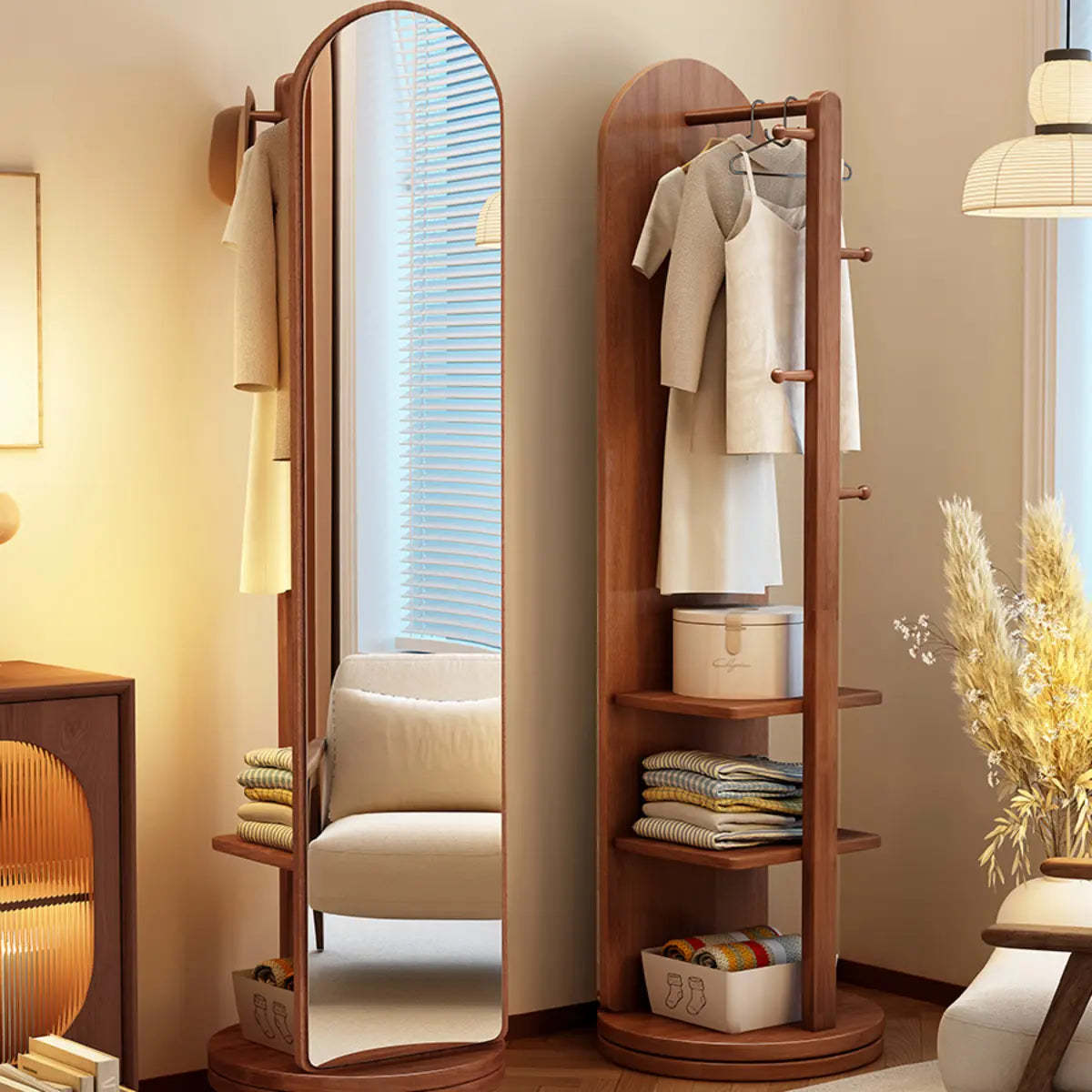 Mirror Brown Wood Coat Rack with Shelves and Hooks — Grey