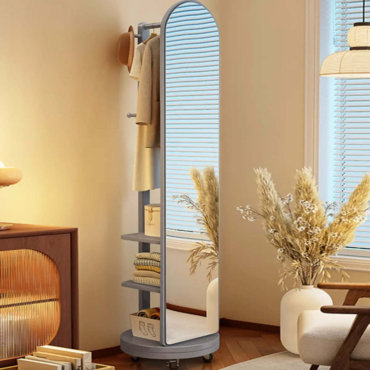 Mirror Brown Wood Coat Rack with Shelves and Hooks — Natural