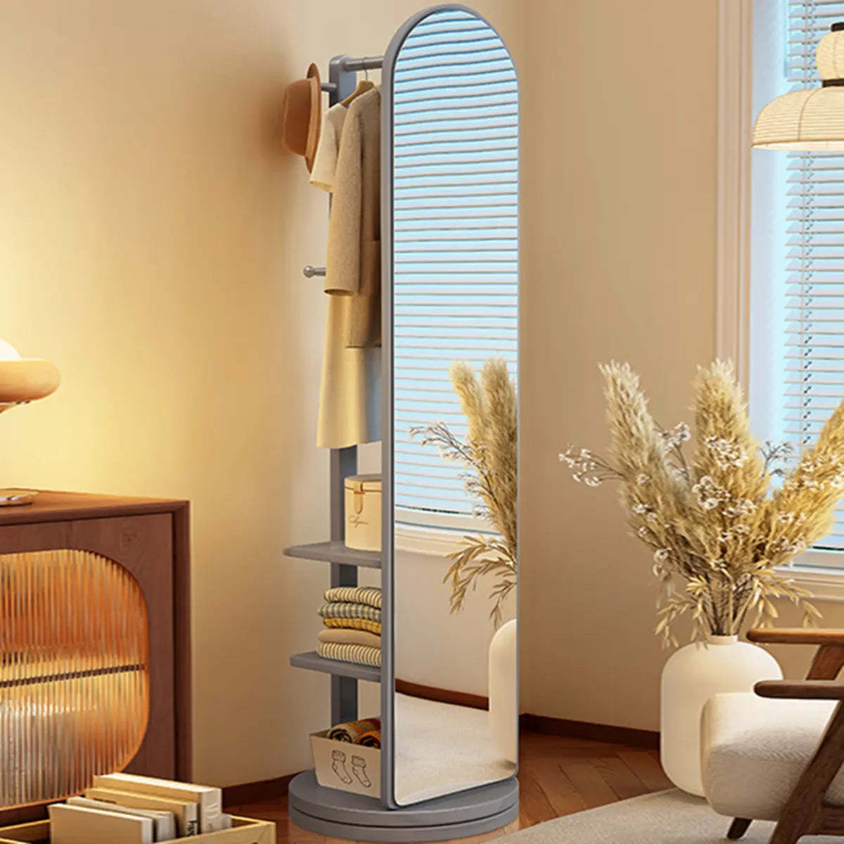 Mirror Brown Wood Coat Rack with Shelves and Hooks — Nut-Brown