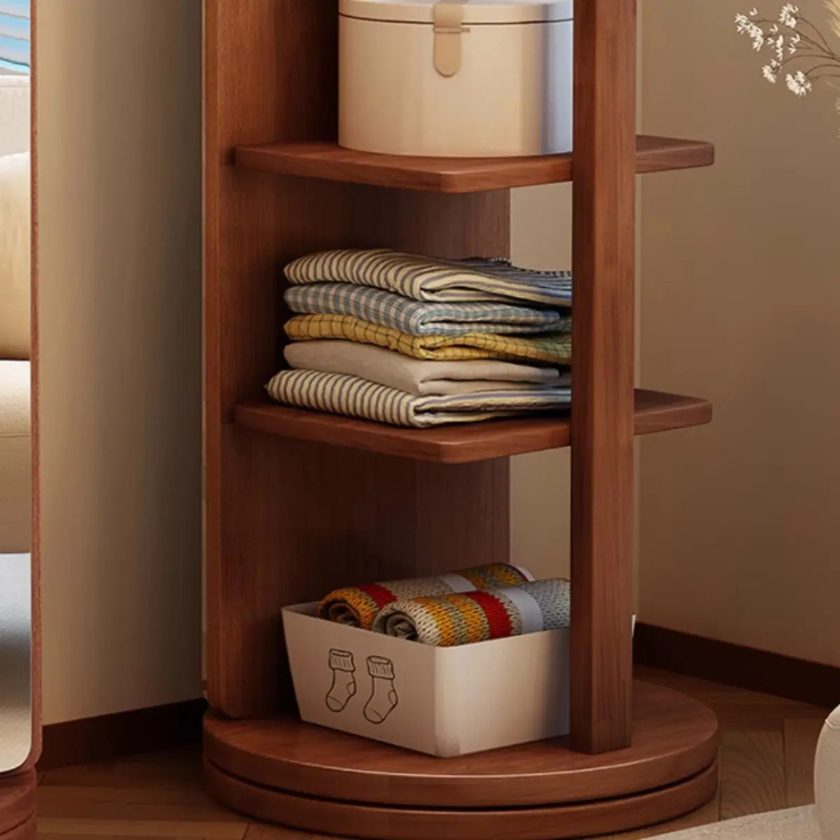 Mirror Brown Wood Coat Rack with Shelves and Hooks — White