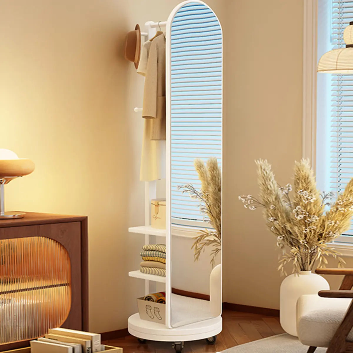 Mirror Brown Wood Coat Rack with Shelves and Hooks — Grey
