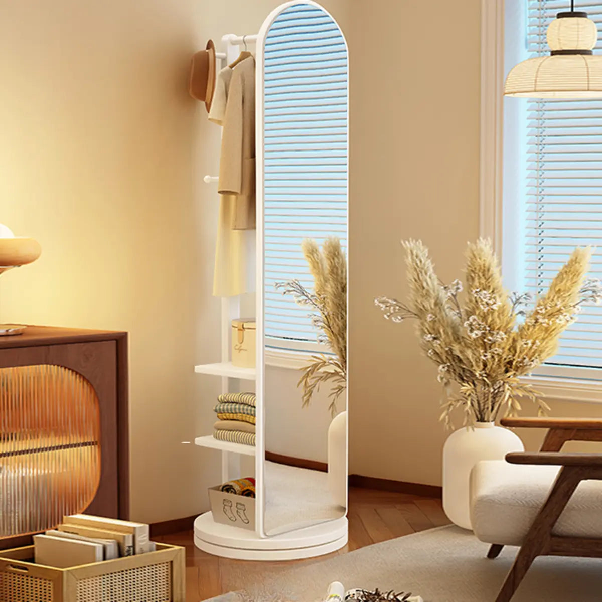 Mirror Brown Wood Coat Rack with Shelves and Hooks — Nut-Brown