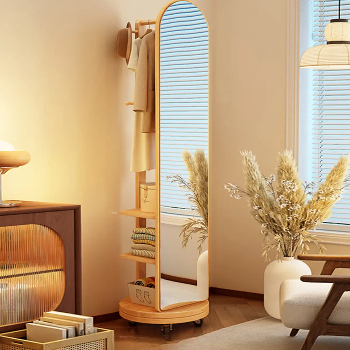 Mirror Brown Wood Coat Rack with Shelves and Hooks — Grey